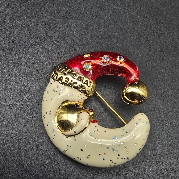 AAI Christmas Brooch Enamel Santa Face Crescent Half Moon - Picture 4 of 6
